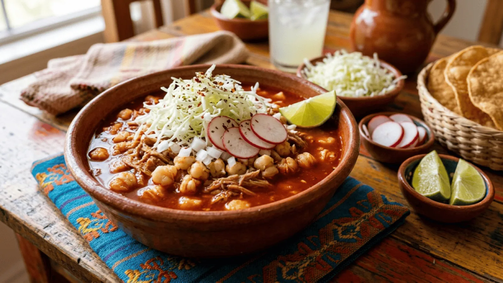 Pozole rojo mexicain : bouillon rouge aux piments, maïs pozolero et porc effiloché, garni de chou, radis, oignon et citron vert, avec tostadas