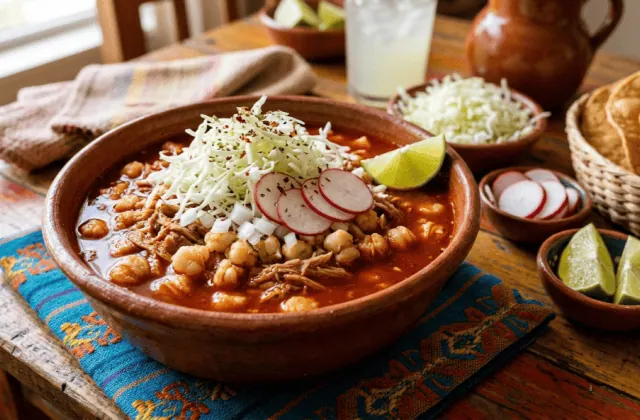 Pozole rojo mexicain : bouillon rouge aux piments, maïs pozolero et porc effiloché, garni de chou, radis, oignon et citron vert, avec tostadas