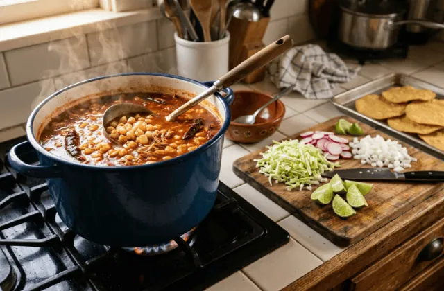 Pozole rojo maison prêt à servir dans la marmite, garnitures émincées et tostadas dorées à côté