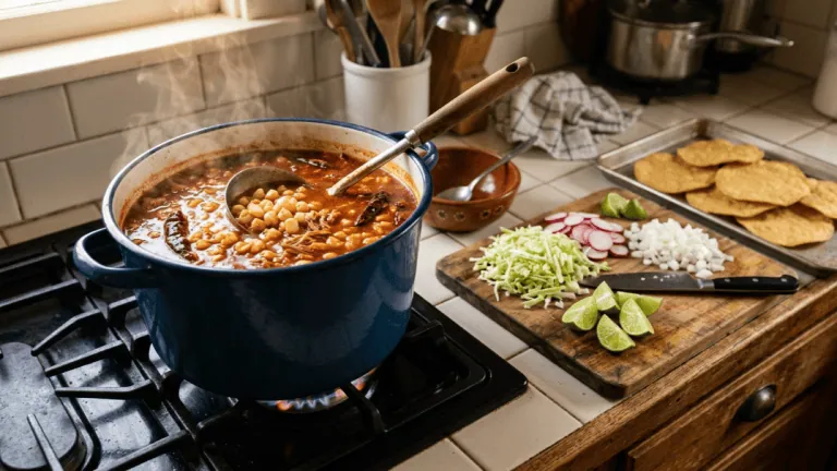 Pozole rojo maison prêt à servir dans la marmite, garnitures émincées et tostadas dorées à côté