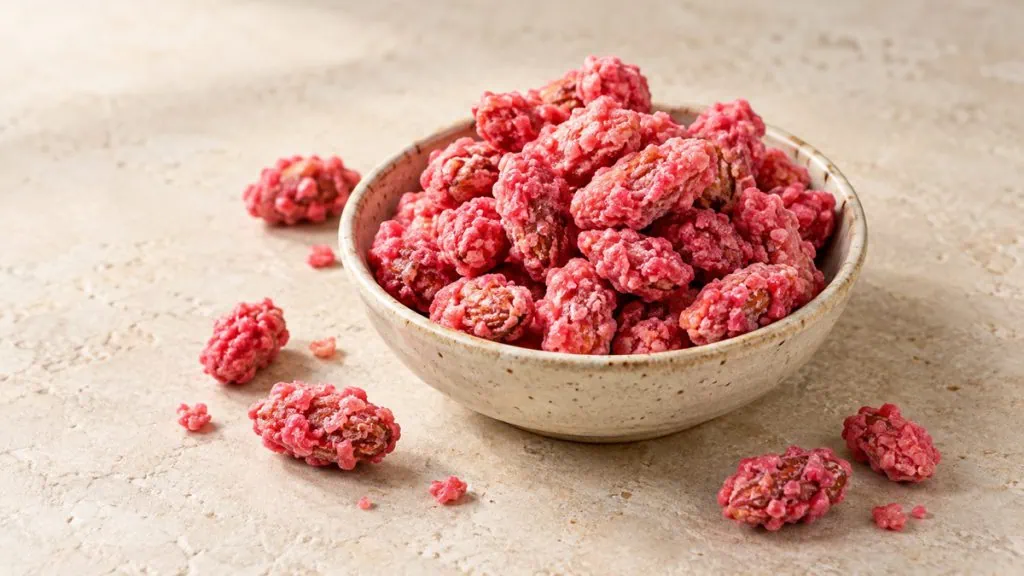 Pralines roses lyonnaises dans un bol en grès