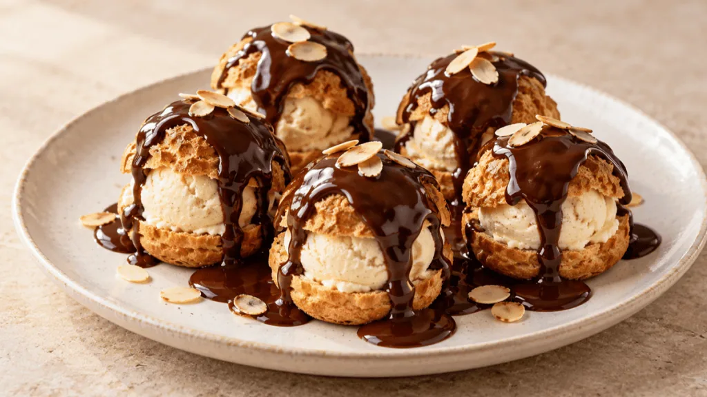 Profiteroles au chocolat garnies de glace vanille
