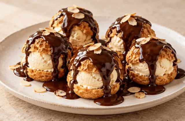 Profiteroles au chocolat garnies de glace vanille