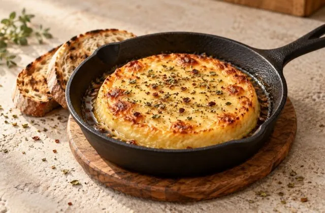 Provoleta argentine grillée à l’origan dans une petite poêle en fonte