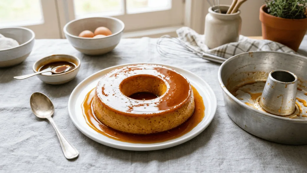 Pudim de leite condensado maison démoulé dans son caramel, à côté du moule à cheminée