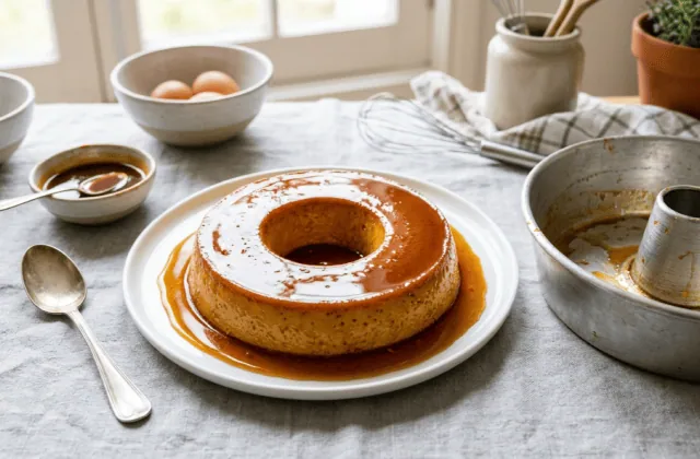 Pudim de leite condensado maison démoulé dans son caramel, à côté du moule à cheminée