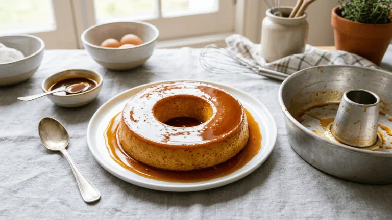Pudim de leite condensado maison démoulé dans son caramel, à côté du moule à cheminée