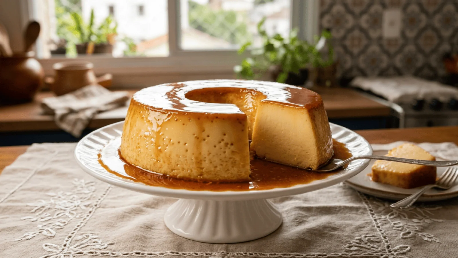 Pudim de leite condensado en couronne nappé de caramel ambré, une part entamée, sur un présentoir blanc