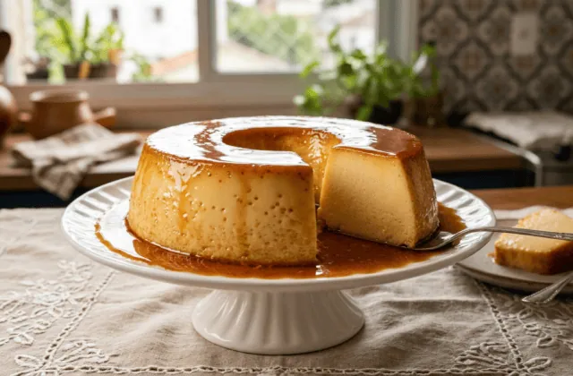 Pudim de leite condensado en couronne nappé de caramel ambré, une part entamée, sur un présentoir blanc
