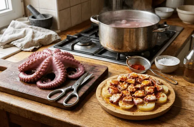 Pulpo á feira fait maison : poulpe cuit sur la planche, rondelles sur pommes de terre au pimentón, marmite de cuisson au fond