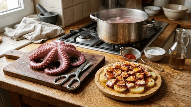 Pulpo á feira fait maison : poulpe cuit sur la planche, rondelles sur pommes de terre au pimentón, marmite de cuisson au fond