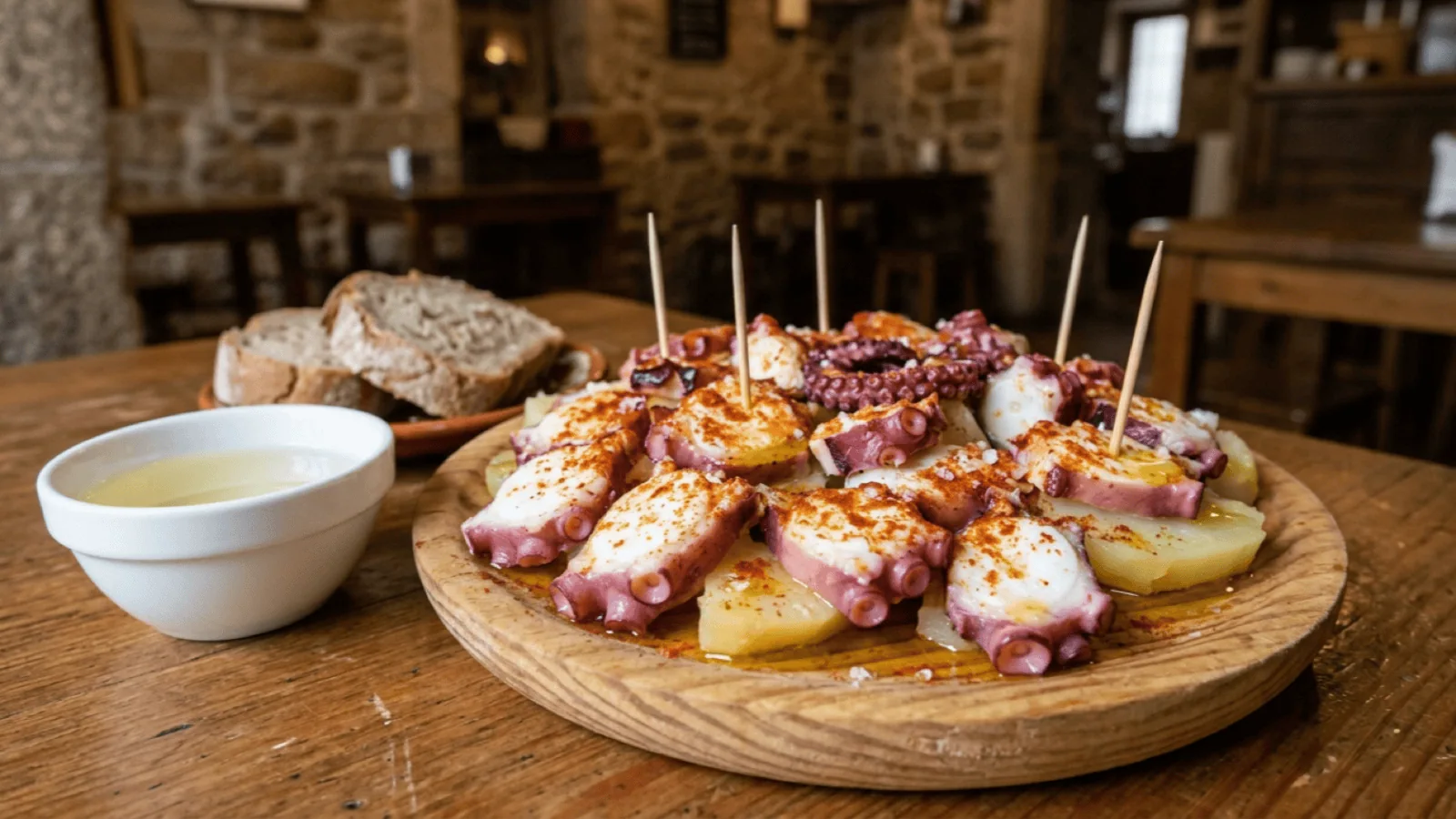 Pulpo a la gallega : rondelles de poulpe sur pommes de terre, pimentón, gros sel et huile d’olive, sur planche en bois dans une taverne galicienne