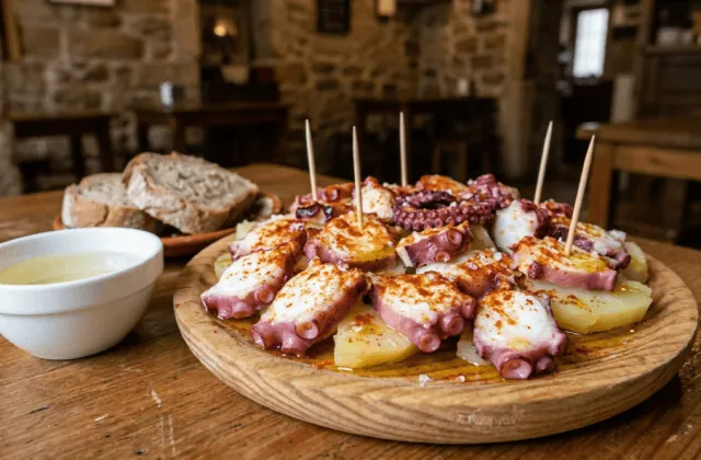 Pulpo a la gallega : rondelles de poulpe sur pommes de terre, pimentón, gros sel et huile d’olive, sur planche en bois dans une taverne galicienne
