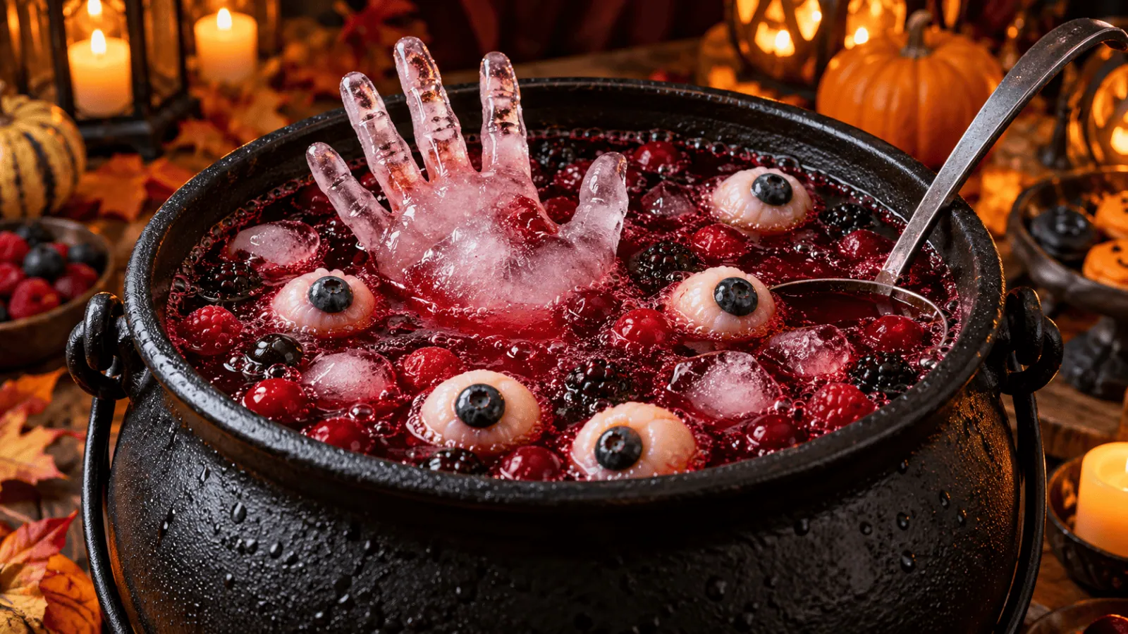Chaudron de punch rouge sombre sans alcool avec main glacée et yeux de litchi