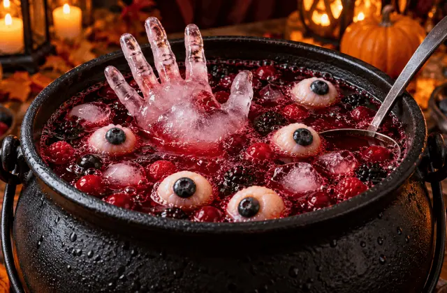 Chaudron de punch rouge sombre sans alcool avec main glacée et yeux de litchi