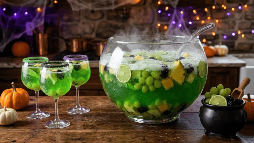 Punch de sorcière sans alcool vert dans un grand bol en verre, citron vert, raisins, mûres, verres givrés et décor d’Halloween