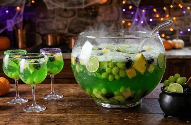 Punch de sorcière sans alcool vert dans un grand bol en verre, citron vert, raisins, mûres, verres givrés et décor d’Halloween