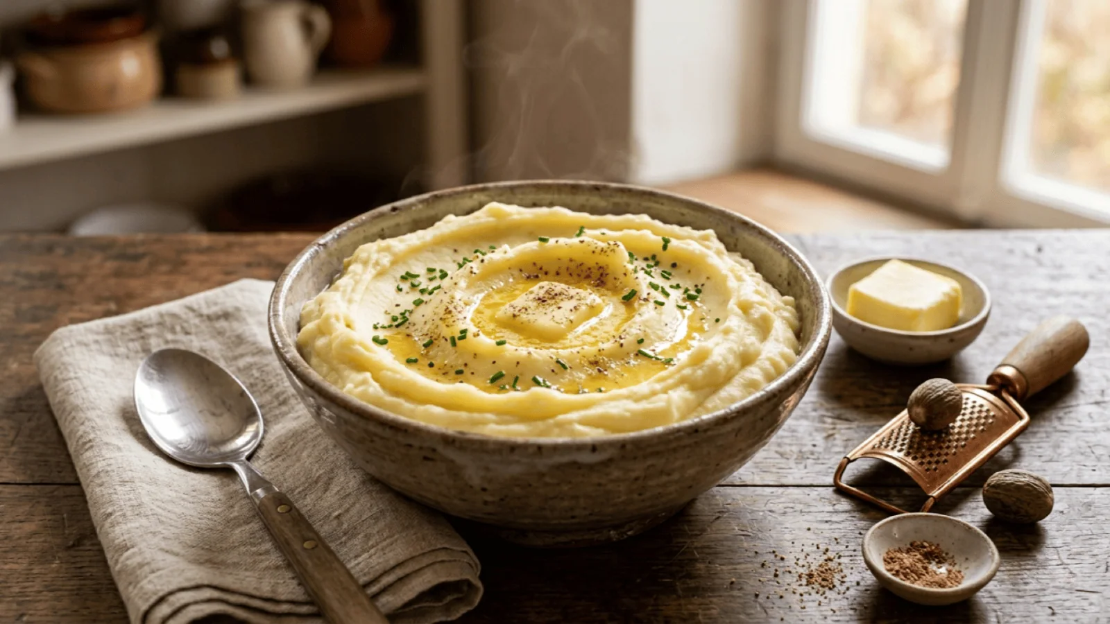 Bol de purée de pommes de terre onctueuse avec noix de beurre fondante, muscade râpée et ciboulette