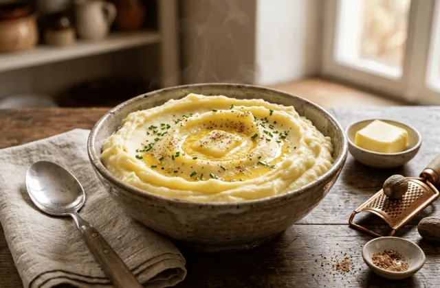 Bol de purée de pommes de terre onctueuse avec noix de beurre fondante, muscade râpée et ciboulette