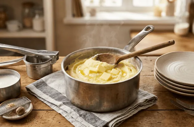Purée maison onctueuse dans sa casserole avec cuillère en bois et beurre fondant, presse-purée, lait chaud et muscade