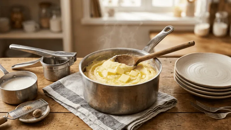 Purée maison onctueuse dans sa casserole avec cuillère en bois et beurre fondant, presse-purée, lait chaud et muscade