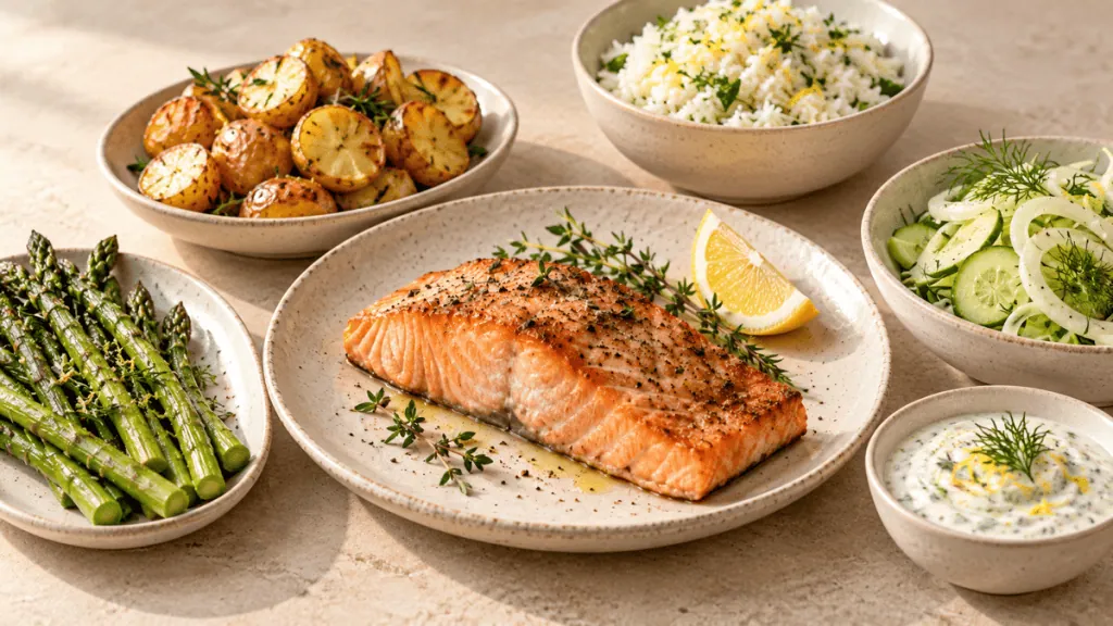 Saumon avec pommes de terre, asperges, riz, salade et sauce à l’aneth