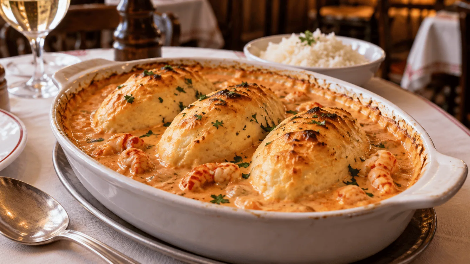 Quenelles de brochet lyonnaises gonflées au four dans une sauce Nantua aux écrevisses