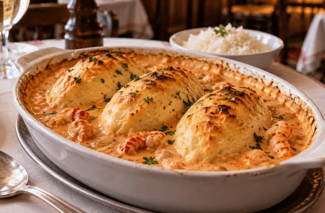 Quenelles de brochet lyonnaises gonflées au four dans une sauce Nantua aux écrevisses