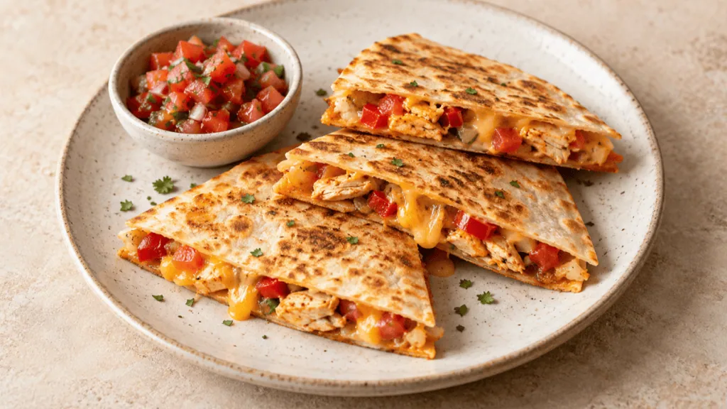 Quesadillas dorées au poulet et au cheddar avec salsa tomate