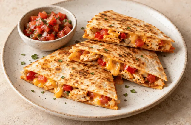 Quesadillas dorées au poulet et au cheddar avec salsa tomate