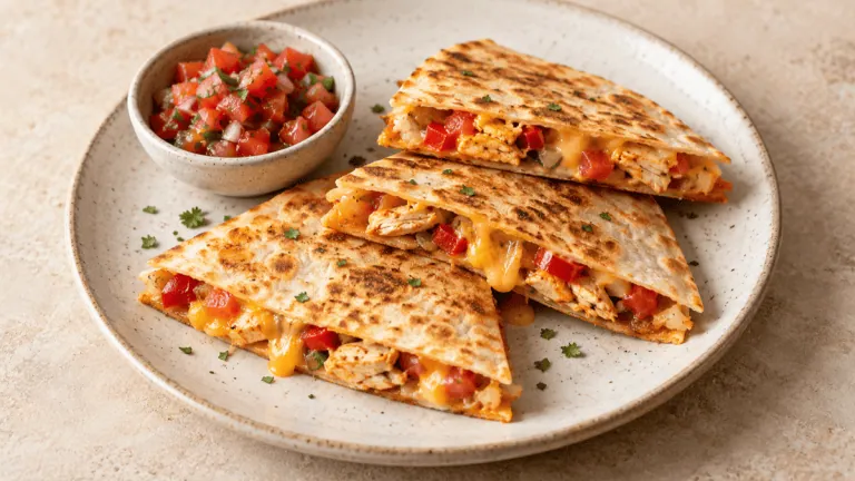 Quesadillas dorées au poulet et au cheddar avec salsa tomate