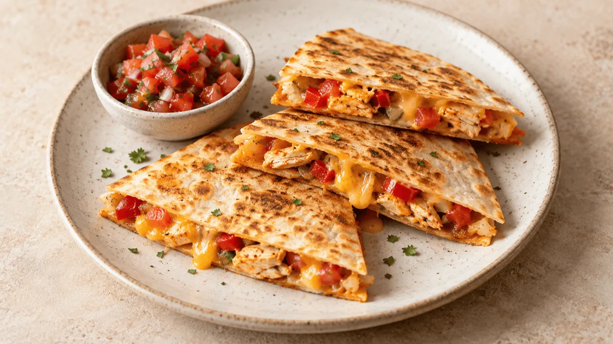 Quesadillas dorées au poulet et au cheddar avec salsa tomate