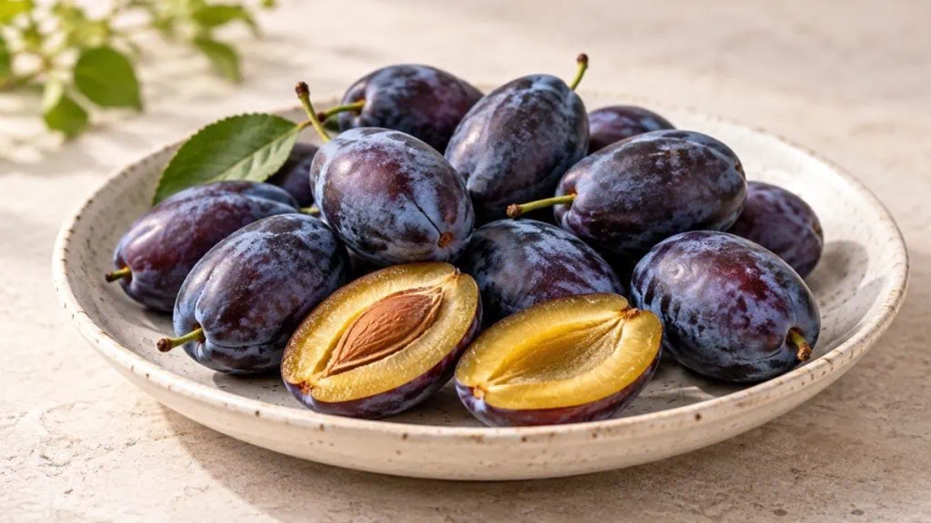 Quetsches violettes entières et coupées montrant leur chair jaune