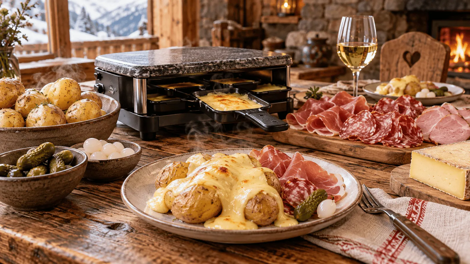 Raclette conviviale avec fromage fondu, pommes de terre, charcuterie et cornichons