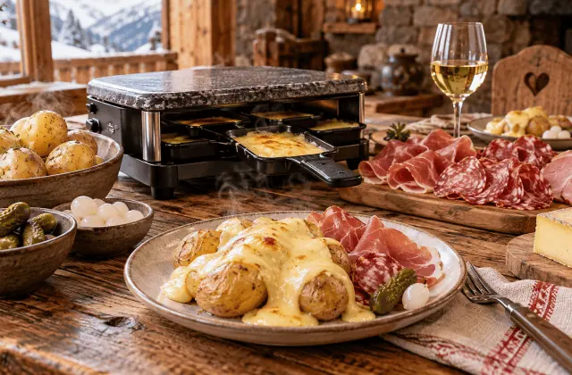 Raclette conviviale avec fromage fondu, pommes de terre, charcuterie et cornichons