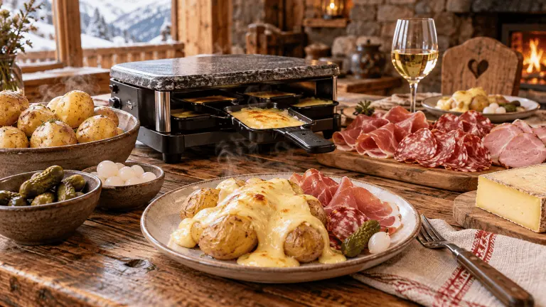 Raclette conviviale avec fromage fondu, pommes de terre, charcuterie et cornichons