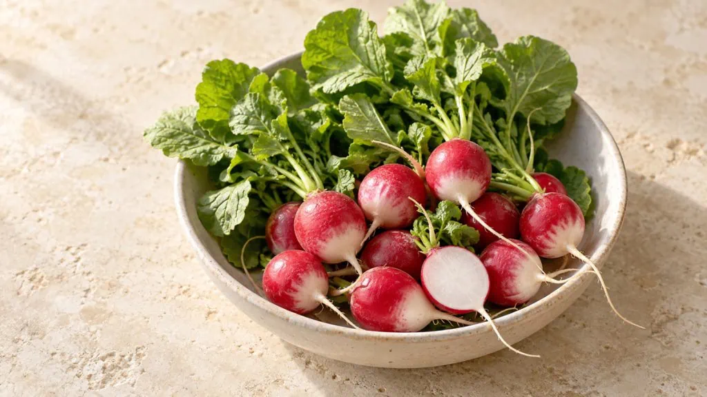 Radis rouges et blancs frais avec leurs fanes