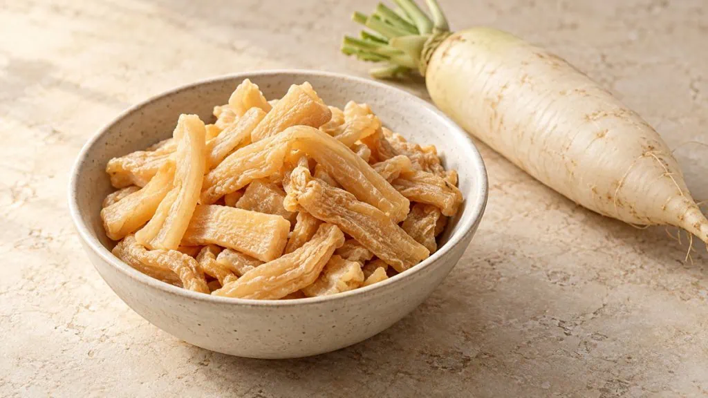 Radis salé thaïlandais en lamelles avec un daikon frais