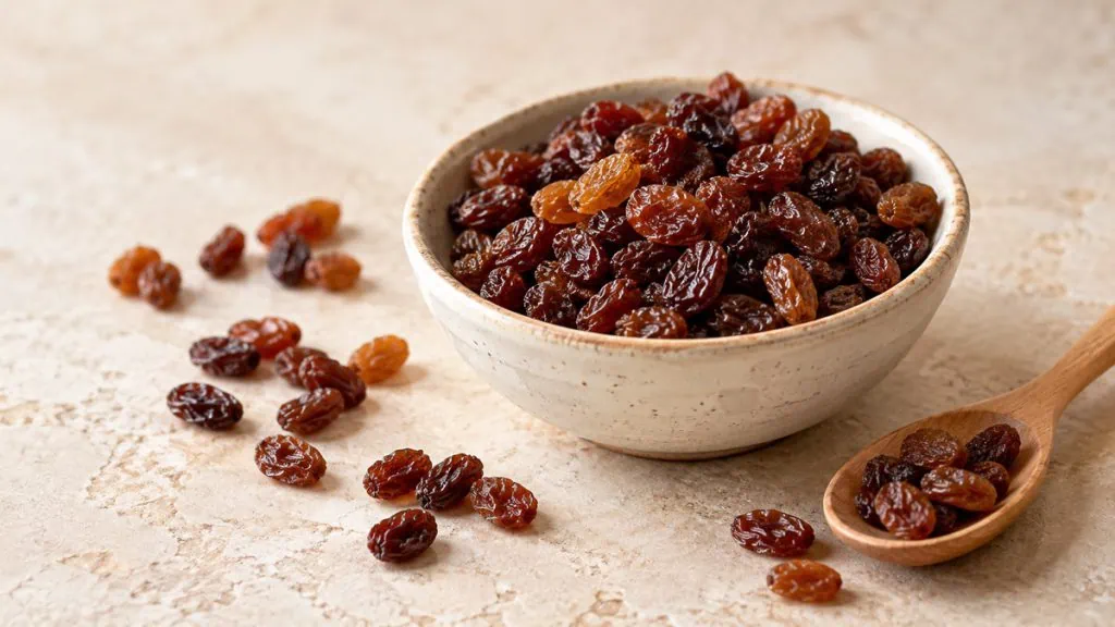 Raisins secs bruns et dorés dans un bol en grès clair