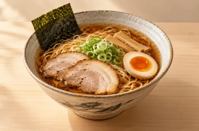 Bol de ramen shoyu avec chashu, œuf mariné, nori et menma