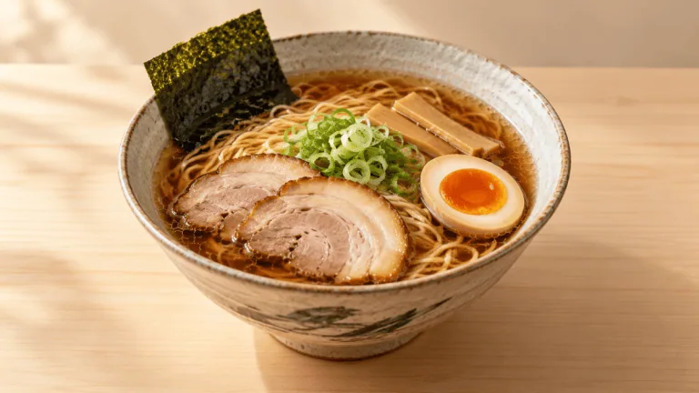 Bol de ramen shoyu avec chashu, œuf mariné, nori et menma