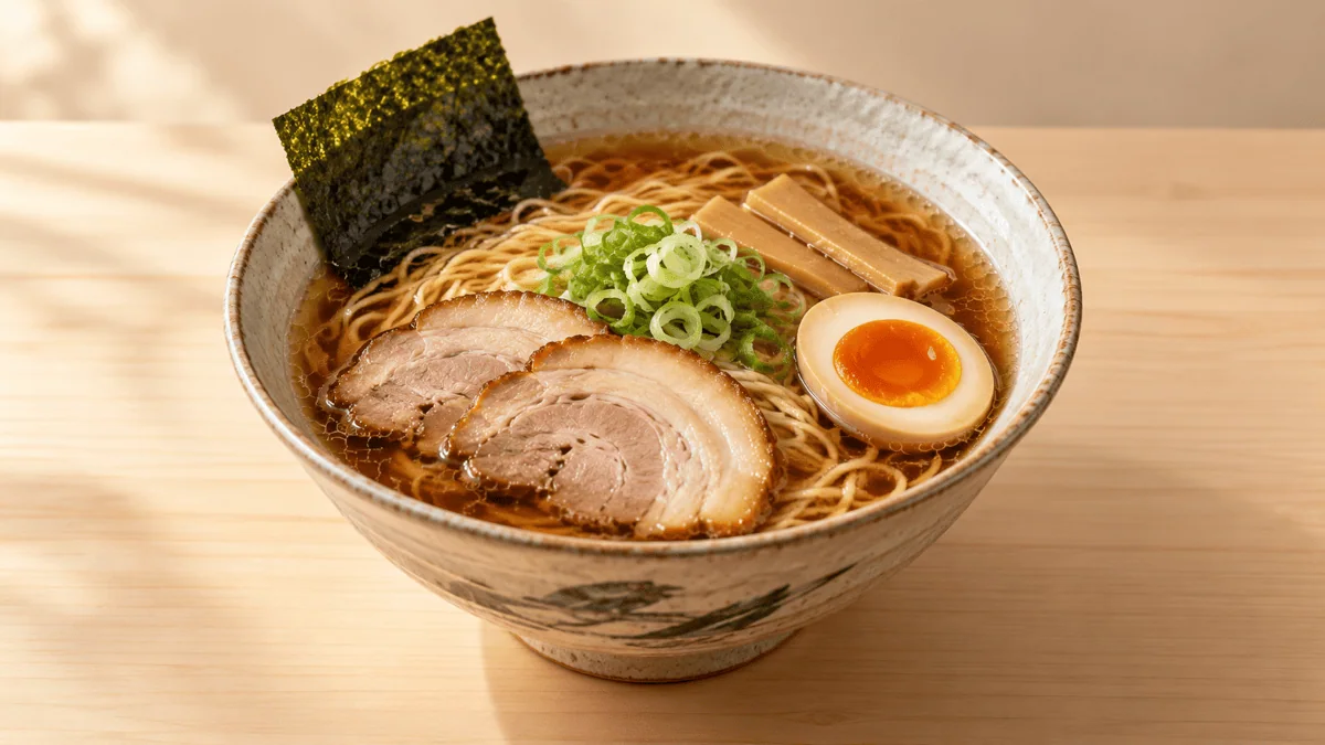 Bol de ramen shoyu avec chashu, œuf mariné, nori et menma