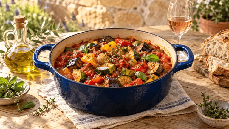 Ratatouille provençale mijotée dans une cocotte bleue