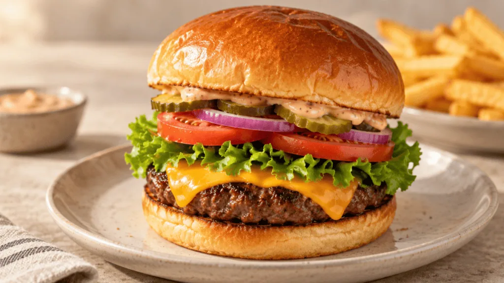 Hamburger classique au bœuf, cheddar et crudités
