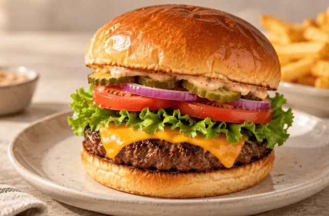 Hamburger classique au bœuf, cheddar et crudités