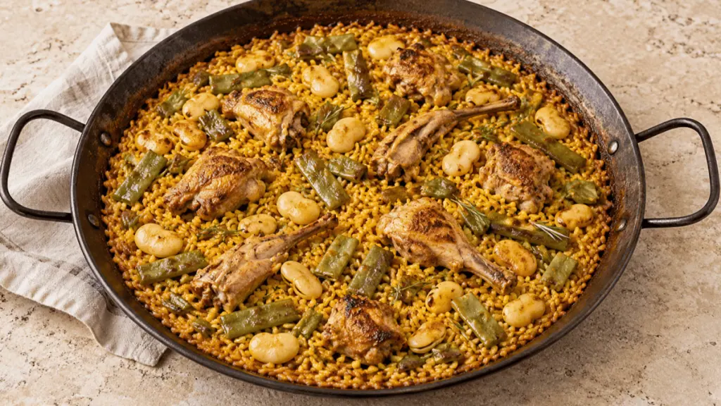Paella valenciana traditionnelle au poulet, lapin et haricots