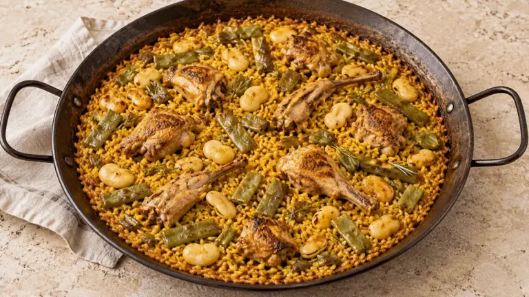 Paella valenciana traditionnelle au poulet, lapin et haricots