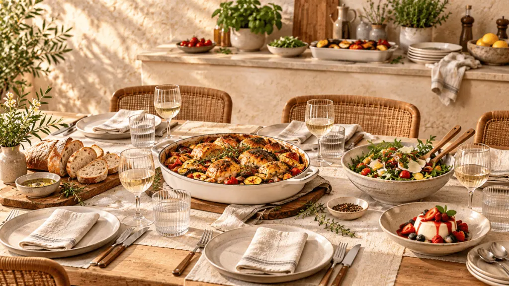 Table dressée pour six avec plat à partager, salade et dessert