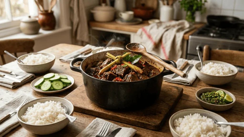 Rendang de bœuf maison dans sa cocotte avec citronnelle et combava, bols de riz blanc, concombre et sambal