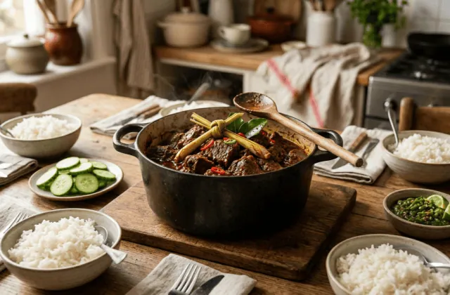 Rendang de bœuf maison dans sa cocotte avec citronnelle et combava, bols de riz blanc, concombre et sambal